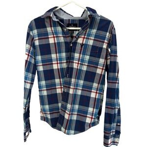 American Eagle Men's Blue Red Plaid Long Sleeve Button Down Cotton Lite Shirt, S
